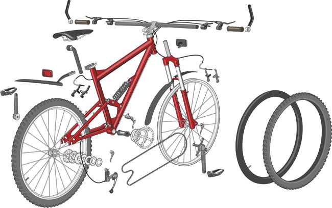 Eine Explosionsdarstellung eines BMX-Rades. Das BMX Rad ist 
	seine Hauptbestandteile zerlegt. Fahrradrahmen, Lenker, Vorbau, Beleuchtung, Felgen, Reifen, Fahrad-Schlauch, Tretlager, Sattel, Hinterradschwinge und Pedale