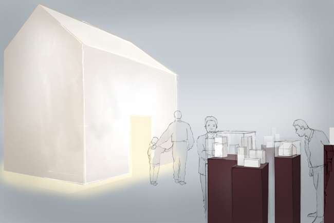 Zeichnung des Ausstellungspavillons des Vatikans zur Expo 2017. Ein leuchtendes Haus schwebt im Raum. 
	Im Inneren kann der Besucher verweilen und entspannen.