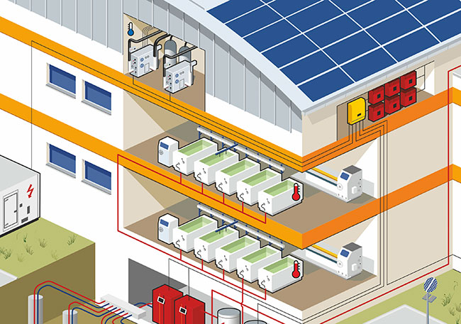 Technische Illustration. Ausschnitt des Röntgenschnittes. Blick in die Betriebsstätte. Galvanische Bäder und im Keller Wärmepumpen und Erdwärmesonden.