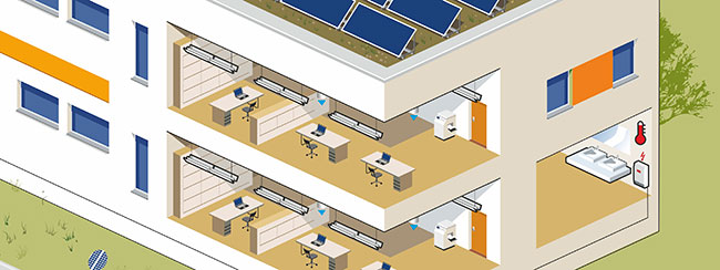 Ausschnitt der isometrische Grafik. Blick in Bürotrackt. Auf dem Dach sind PV-Anlagen zu sehen.