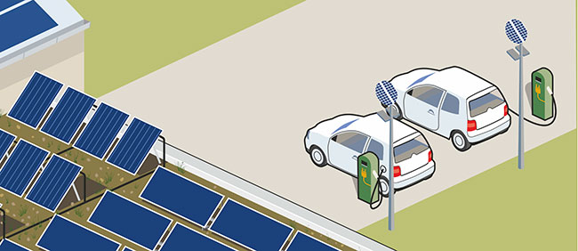 Detail der isometrische Grafik. Ladestationen für einige E-Cars hinter dem Haus. 