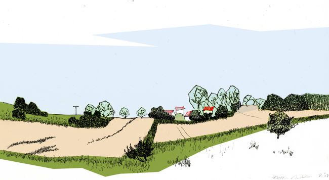 Computerkollorierte Stiftzeichnung Landschaft in Mecklenburg.