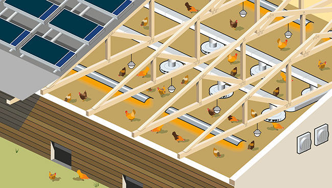 Ausschnitt der technischen illustration. In der Detailansicht des Hünerstalles sind die LED Beleuchtung, die Infrarotheizung und die Lüftungsanlage zu sehen.