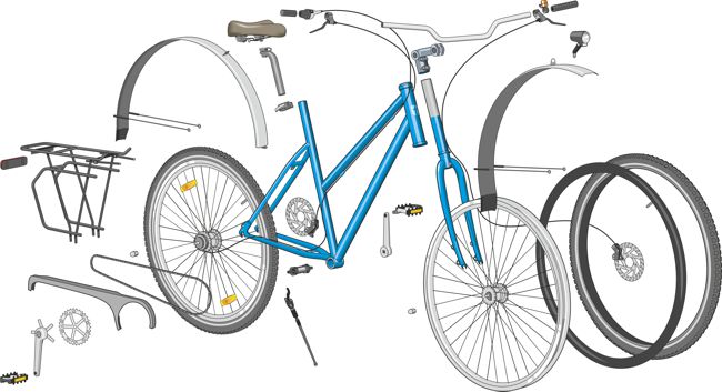 Eine Explosionsdarstellung eines Touren-Rades. Das Fahrrad ist seine Hauptbestandteile zerlegt. Fahrradrahmen, Lenker, Vorbau, Beleuchtung, Felgen, Reifen, Fahrad-Schlauch, Tretlager, Sattel, Hinterradschwinge und Pedale