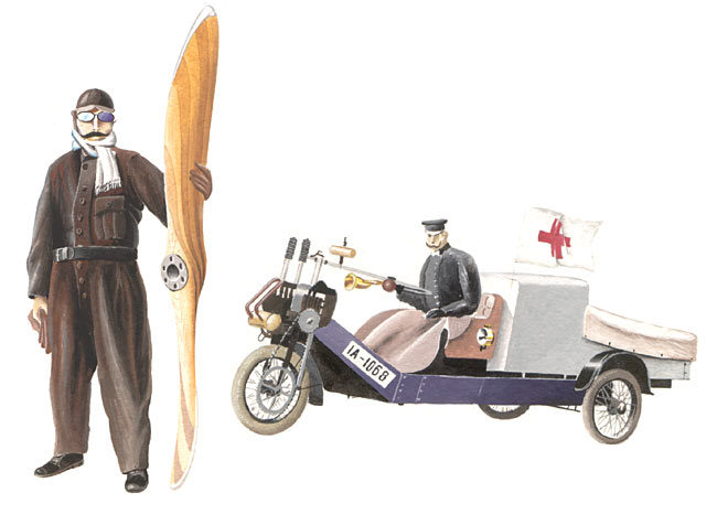 Buchillustration,Pilot in Lederkluft,Rettungswagen um die Jahrhundertwende