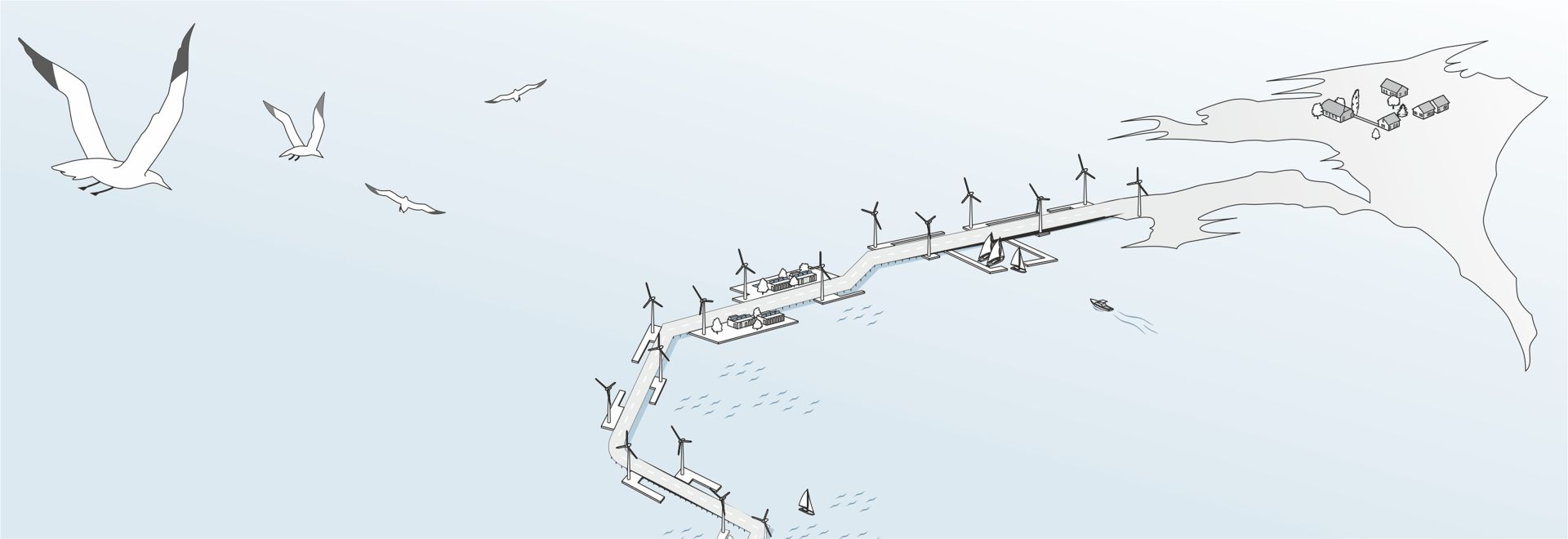 Zwei Inseln Aserbaidschans, im Kaspischen Meer, 
	werden mit Brücken verbunden. Diese Brücken tragen Windäder und Wohnhäuser. Die größere der beiden ist Pirallahi Island