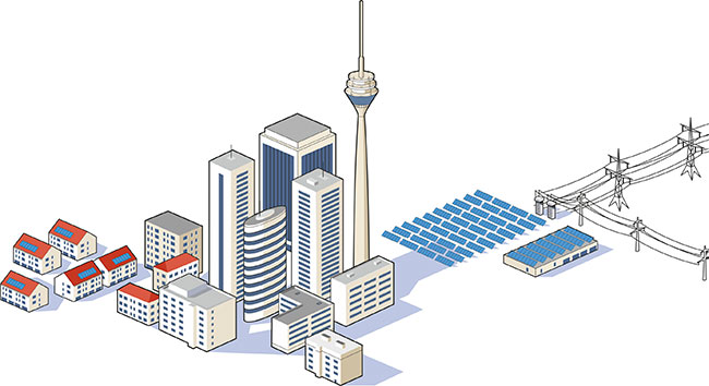 isometrische Vektorgrafik, Stadt mit Hochhäusern und TV tower.