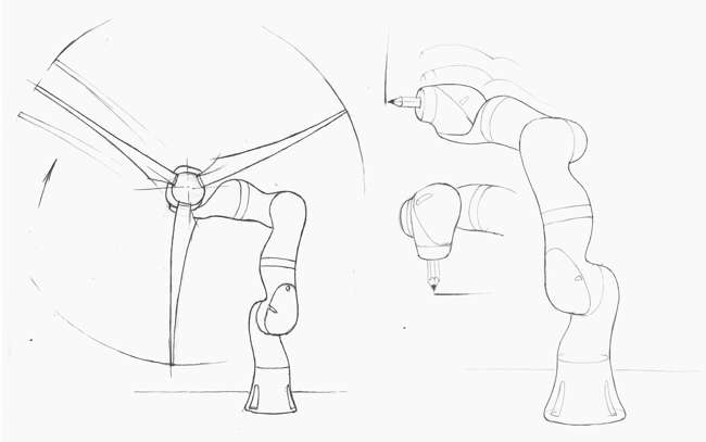 Freihandzeichnungen von 2 KUKA Robottern für die Expo 2017.