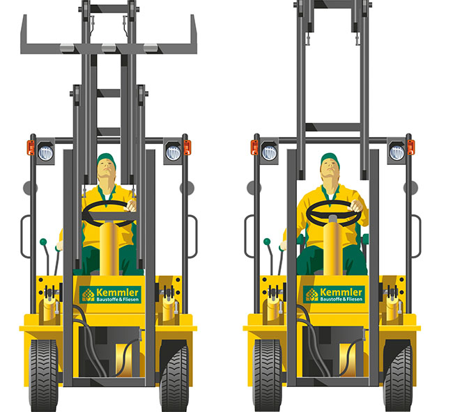 technische-Illustration,Gabelstapler von vorn. 
	Legetrick-Figur für Webanimation