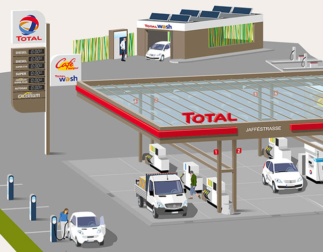 TOTAL Multi-Energie-Tankstelle, Messe Berlin. Vektorgrafik in der Vogelperspektive. Ausschnitt